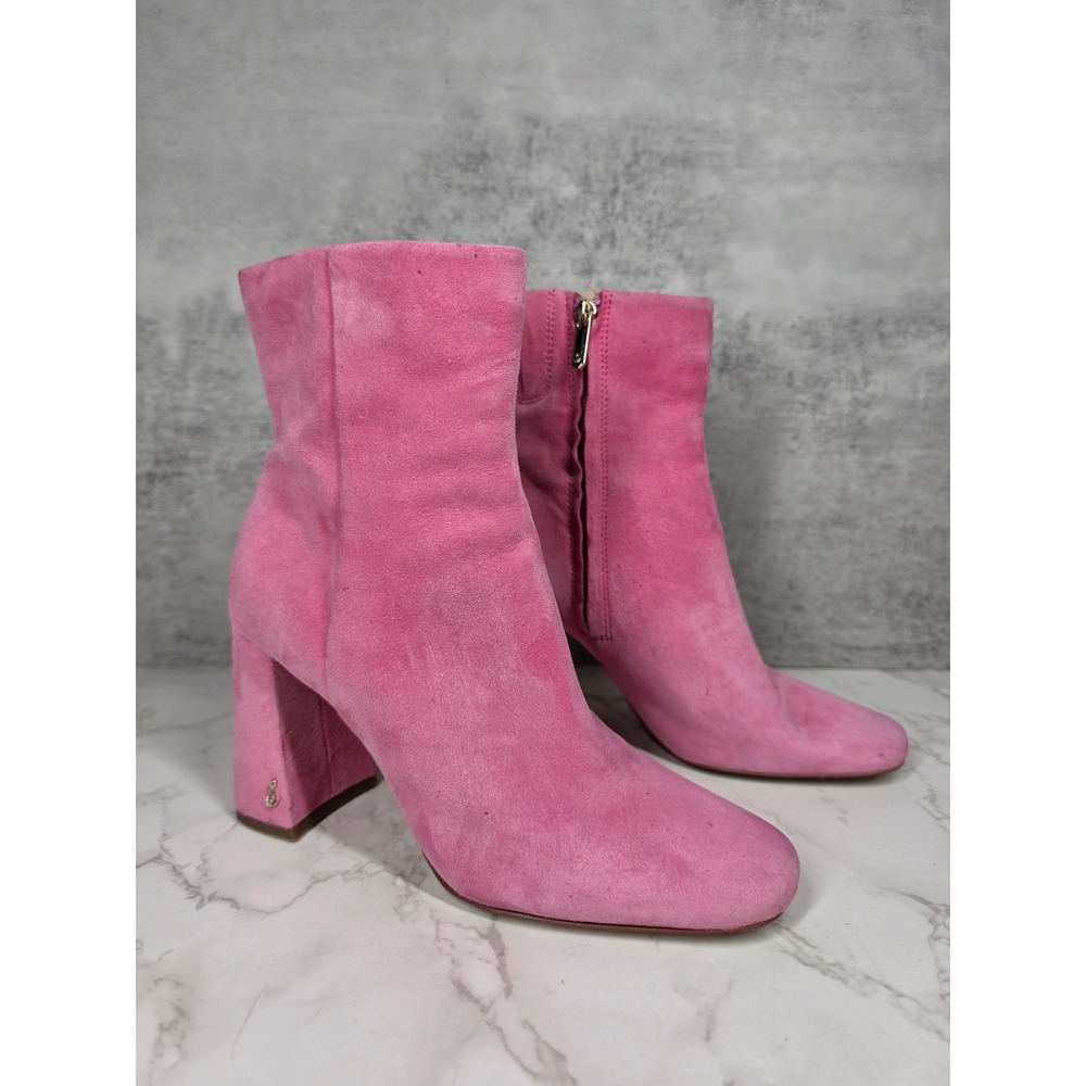 Sam Edelman Codie Pink Suede Block Heel Ankle Boot Square Toe Side Zip Women 7.5